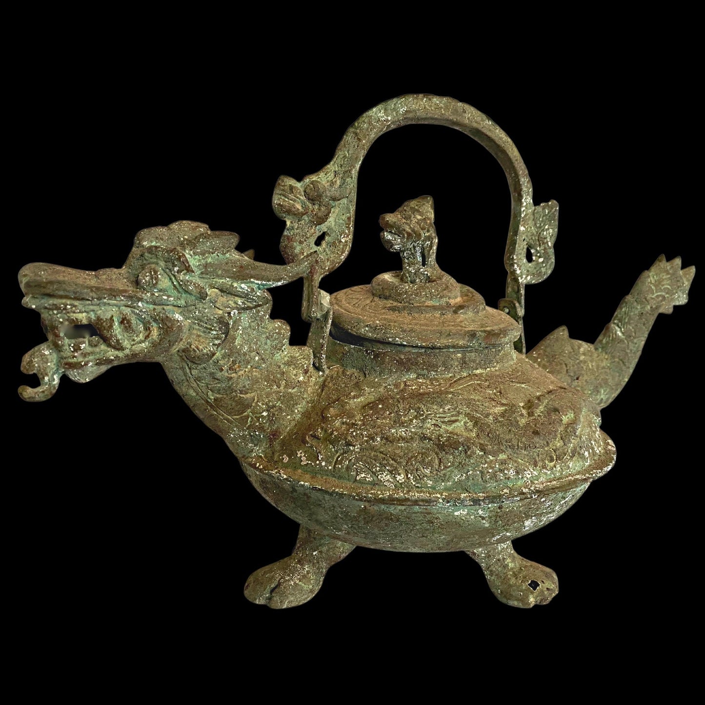 Vintage Dragon Water Pot Naga teapot Statue Verdigris Bronze Lost Wax Cast Metal Indonesian Temple Art Balinese Folk Art