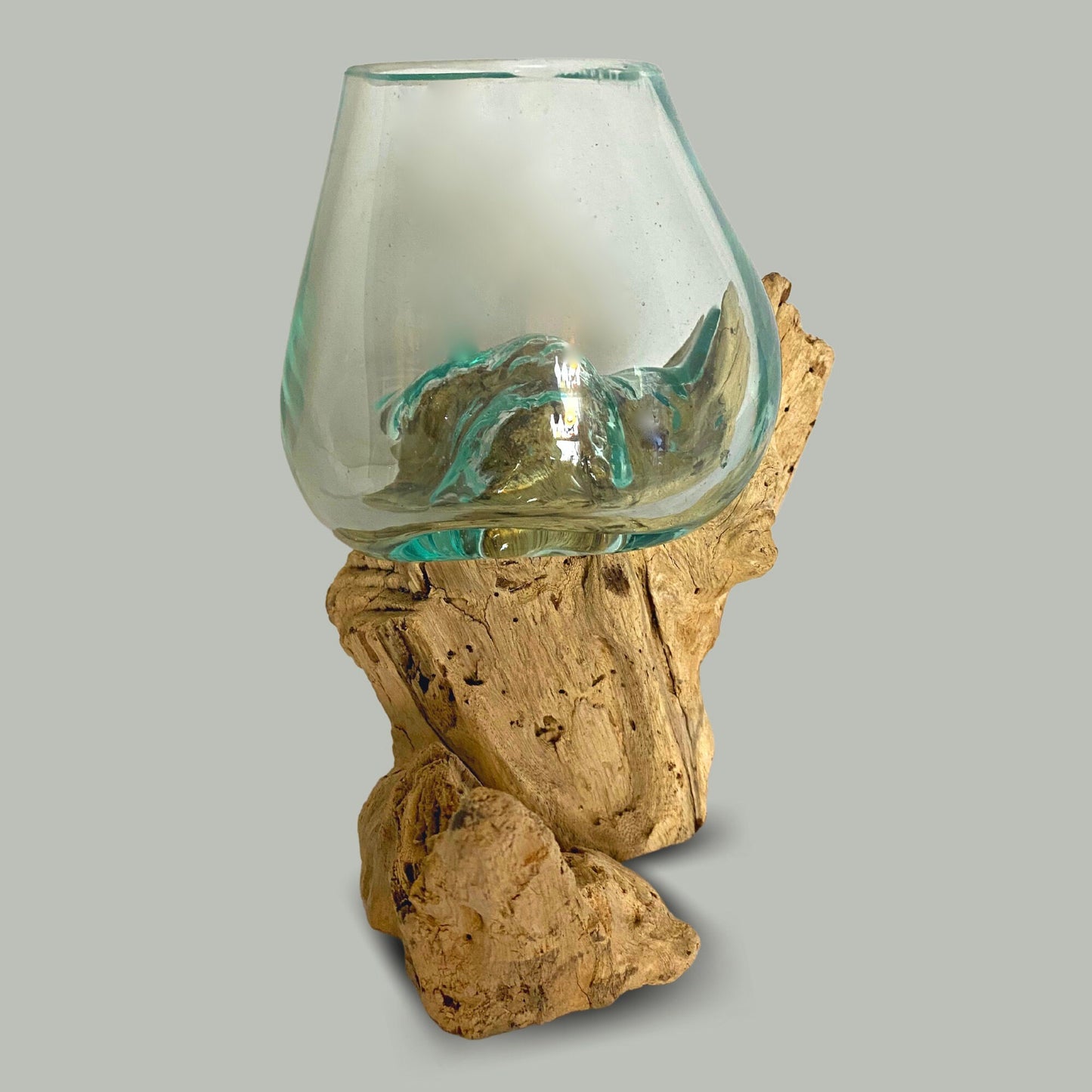 Hand Blown Glass Plant Propagation Vase: Slumped on Reclaimed Teak Wood Base, Balinese Decor