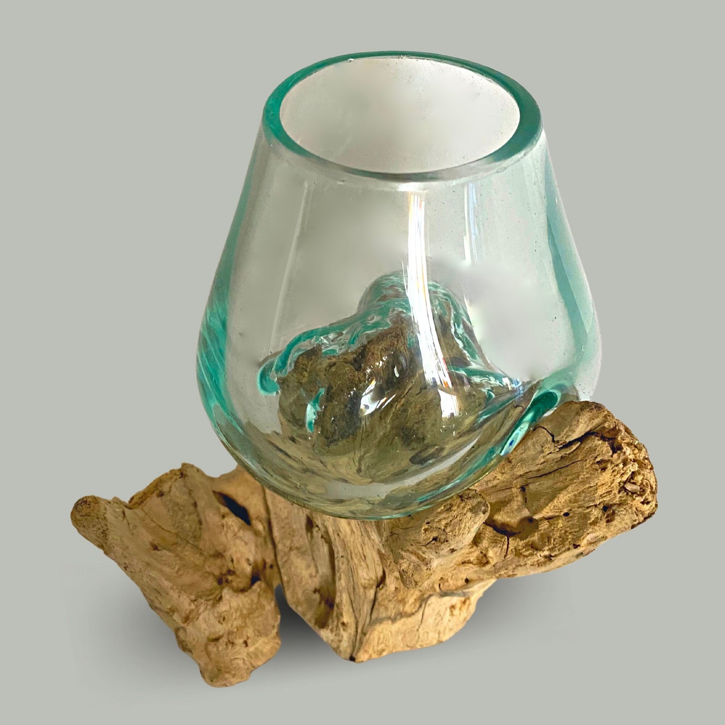 Hand Blown Glass Plant Propagation Vase: Slumped on Reclaimed Teak Wood Base, Balinese Decor