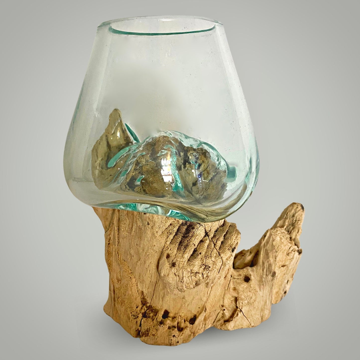 Hand Blown Glass Plant Propagation Vase: Slumped on Reclaimed Teak Wood Base, Balinese Decor