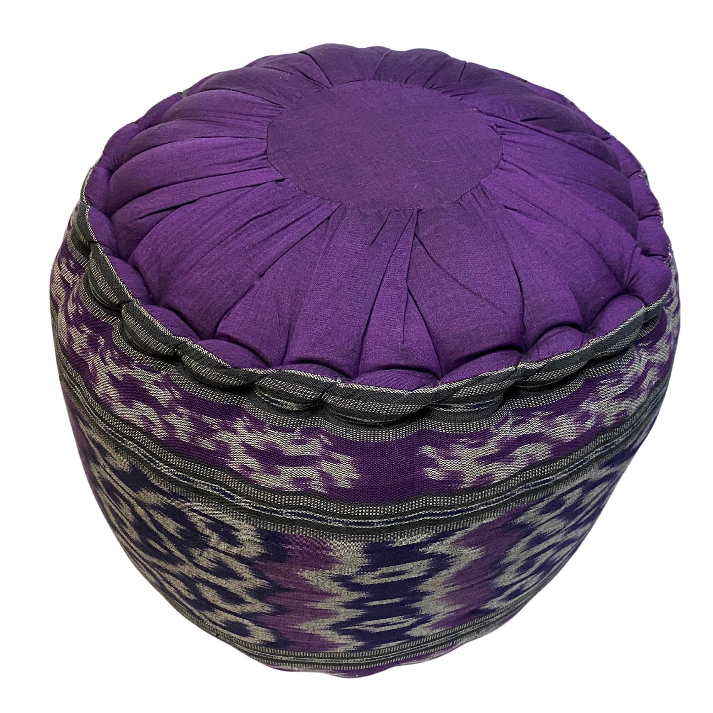 Handwoven Ikat Floor Pillow Pouf: Purple Batik Ottoman, Organic Kapok Filled