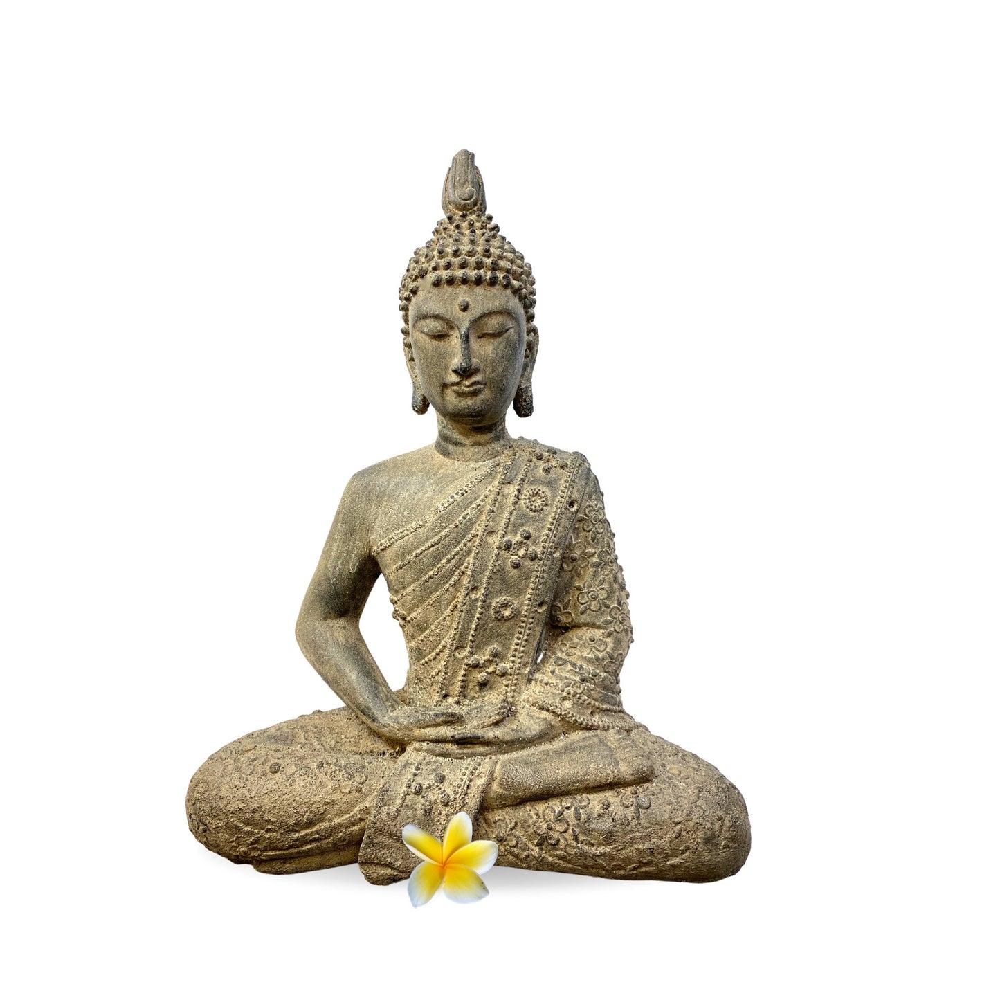 Meditating Buddha Garden Statue; Handmade Cast Lava Stone, Balinese Garden Decor
