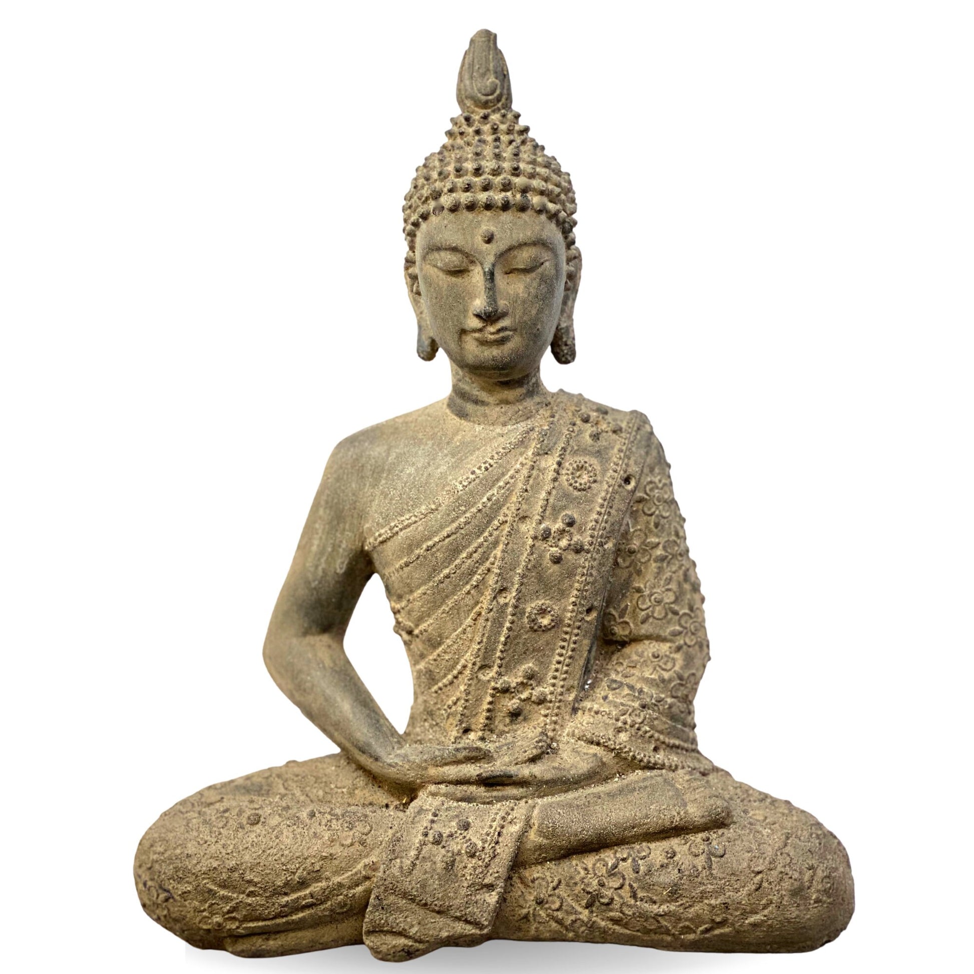 Enlightened Buddha Meditating Garden Statue Handmade Cast Lava Stone Concrete Yard Art Buddhist Balinese Sculpture Eclectic Decor - Acadia World Traders