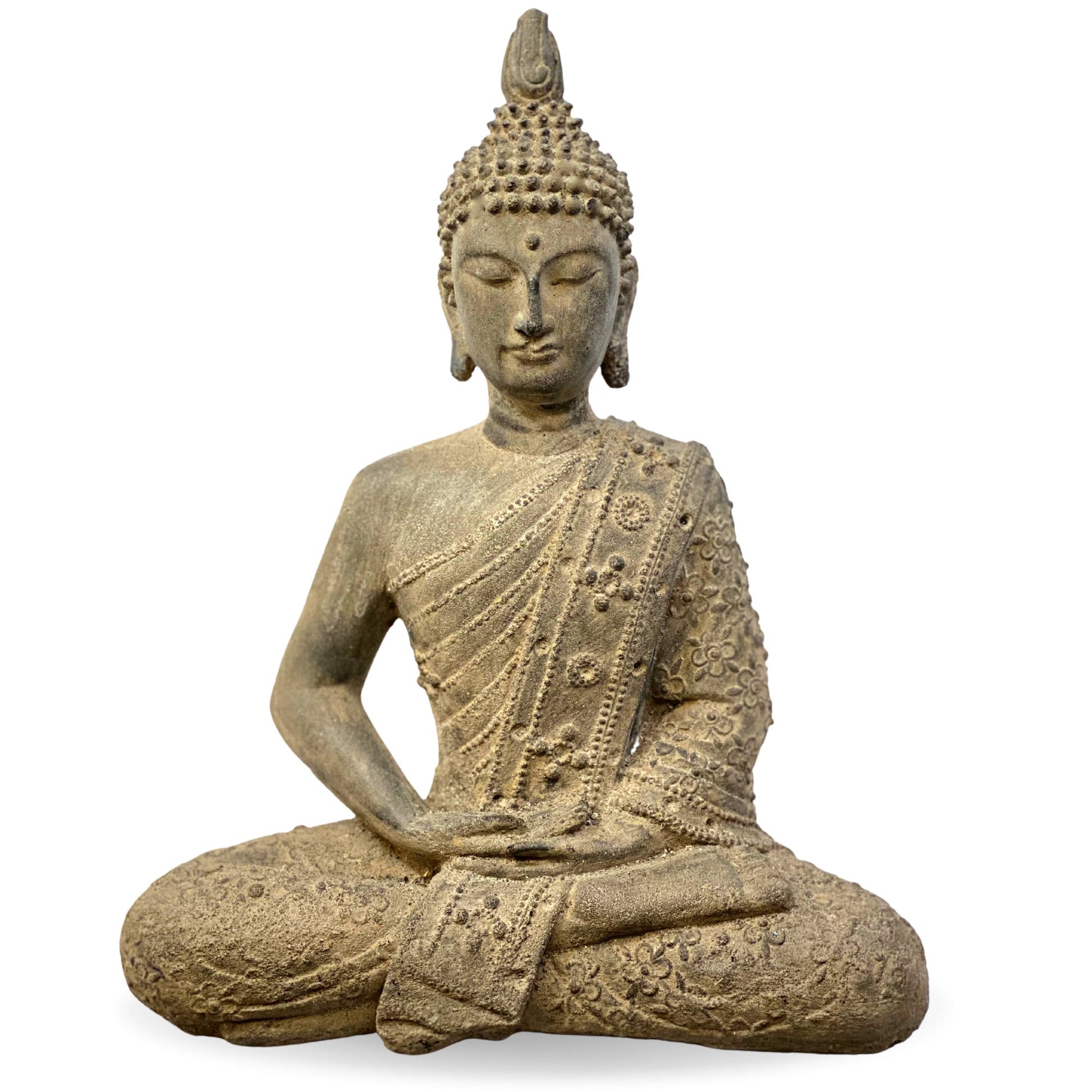 Enlightened Buddha Meditating Garden Statue Handmade Cast Lava Stone Concrete Yard Art Buddhist Balinese Sculpture Eclectic Decor - Acadia World Traders