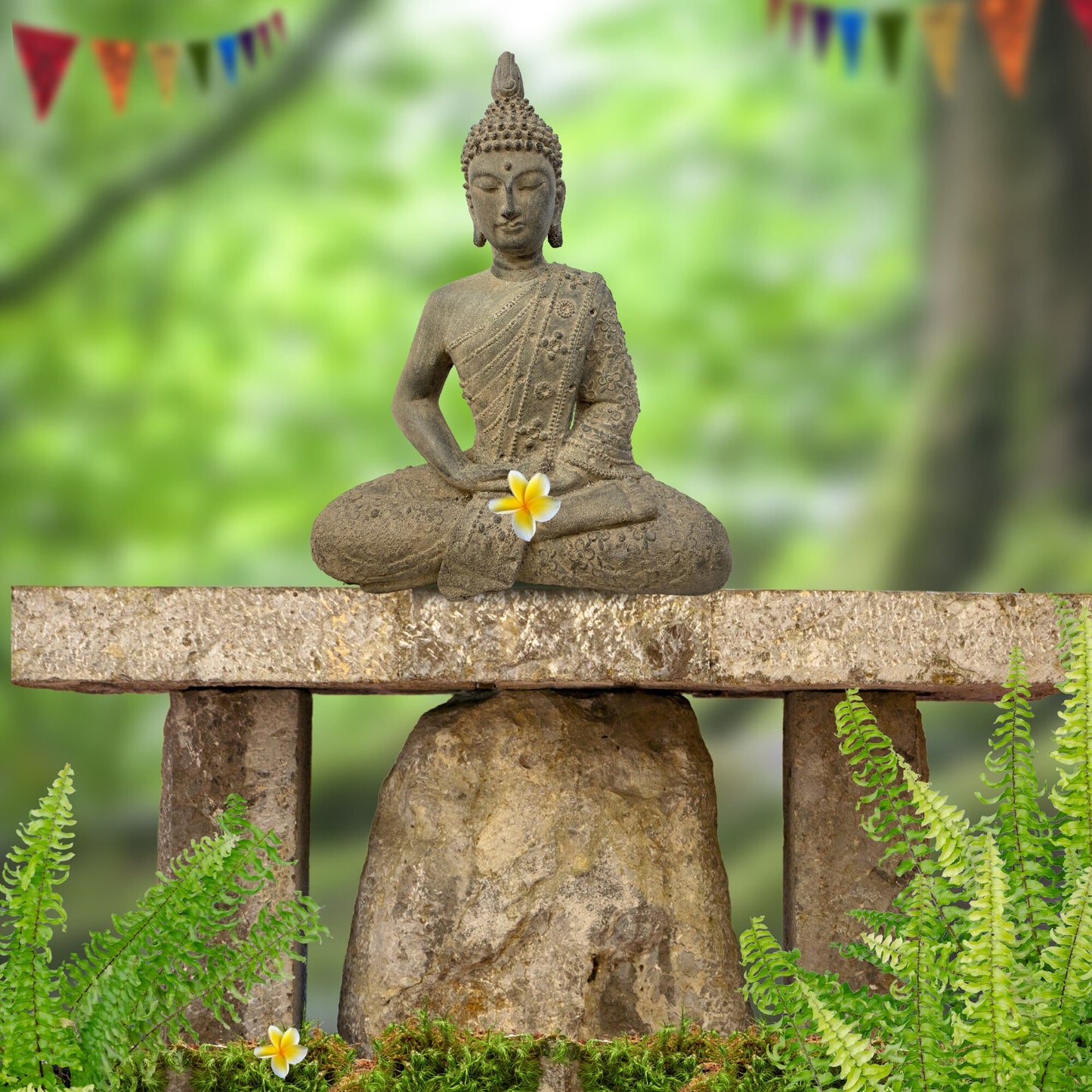Meditating Buddha Garden Statue; Handmade Cast Lava Stone, Balinese Garden Decor