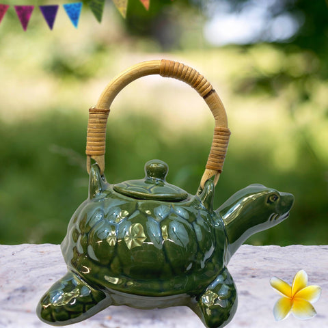 Sea Turtle Terrapin Ceramic Teapot Pottery Stoneware Celadon Green handmade Bali Art Tea Ceremony Eclectic Boho Decor