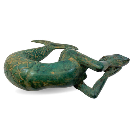 Bronze art Nouveau Mermaid Hold a Seashell Statue Green Verdigris patina lost wax cast Bali Art Coastal Boho Decor