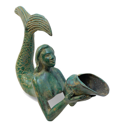 Bronze art Nouveau Mermaid Hold a Seashell Statue Green Verdigris patina lost wax cast Bali Art Coastal Boho Decor