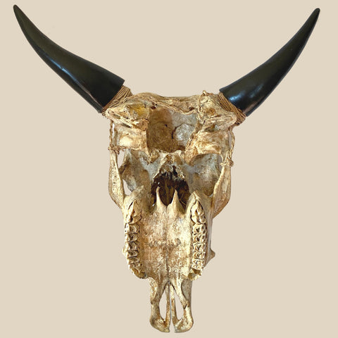 Bali Ganesha HAND CARVED Cow Steer SKULL horn Taxidermy Bull Wall Mount Balinese Bone Carving Art Eclectic Boho Decor