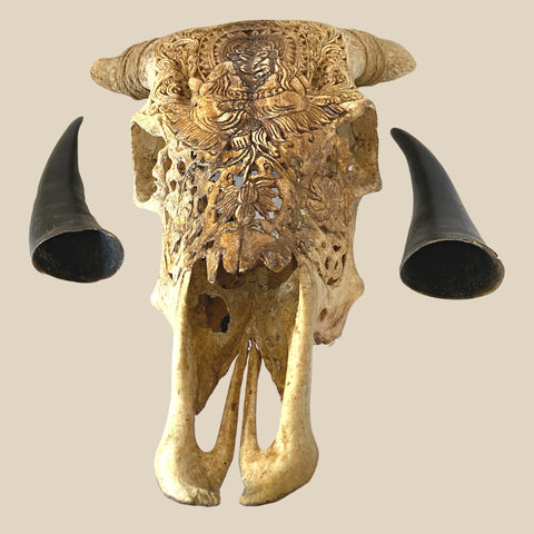 Bali Ganesha HAND CARVED Cow Steer SKULL horn Taxidermy Bull Wall Mount Balinese Bone Carving Art Eclectic Boho Decor