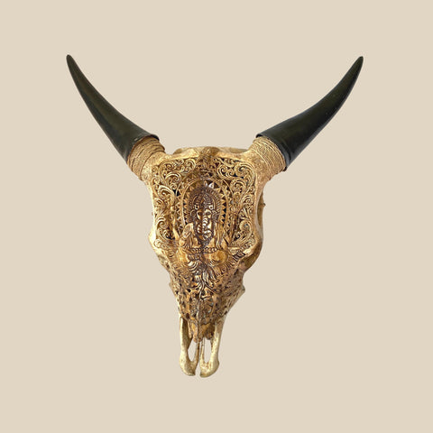 Bali Ganesha HAND CARVED Cow Steer SKULL horn Taxidermy Bull Wall Mount Balinese Bone Carving Art Eclectic Boho Decor