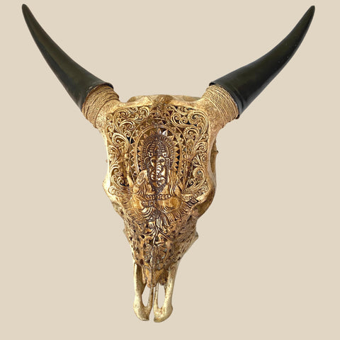 Bali Ganesha HAND CARVED Cow Steer SKULL horn Taxidermy Bull Wall Mount Balinese Bone Carving Art Eclectic Boho Decor