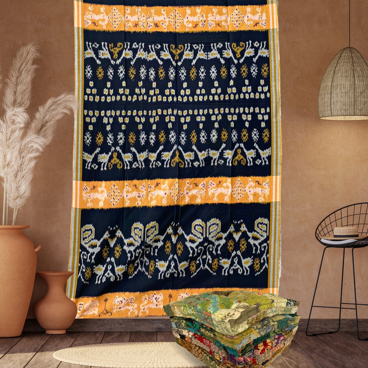 Handwoven Indonesian Ikat Cotton Cloth: Yellow Saffron Ethnic Wall Hanging