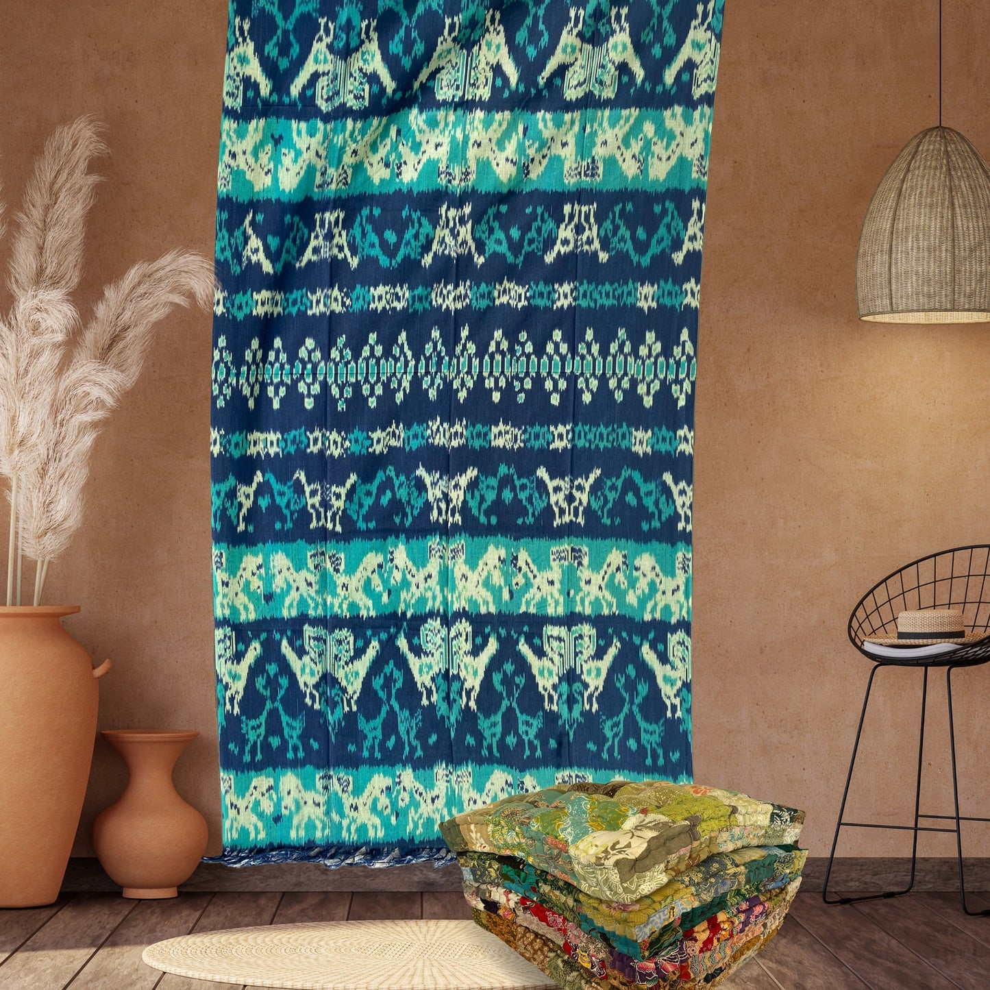 Handwoven Indonesian Ikat Cotton Cloth Blanket: Hand Loomed Indigo Turquoise Ethnic Tapestry