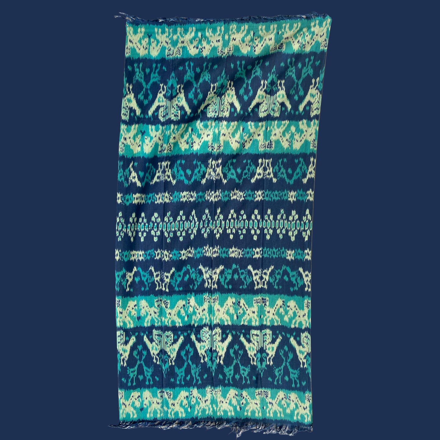 Handwoven Indonesian Ikat Cotton Cloth Blanket: Hand Loomed Indigo Turquoise Ethnic Tapestry