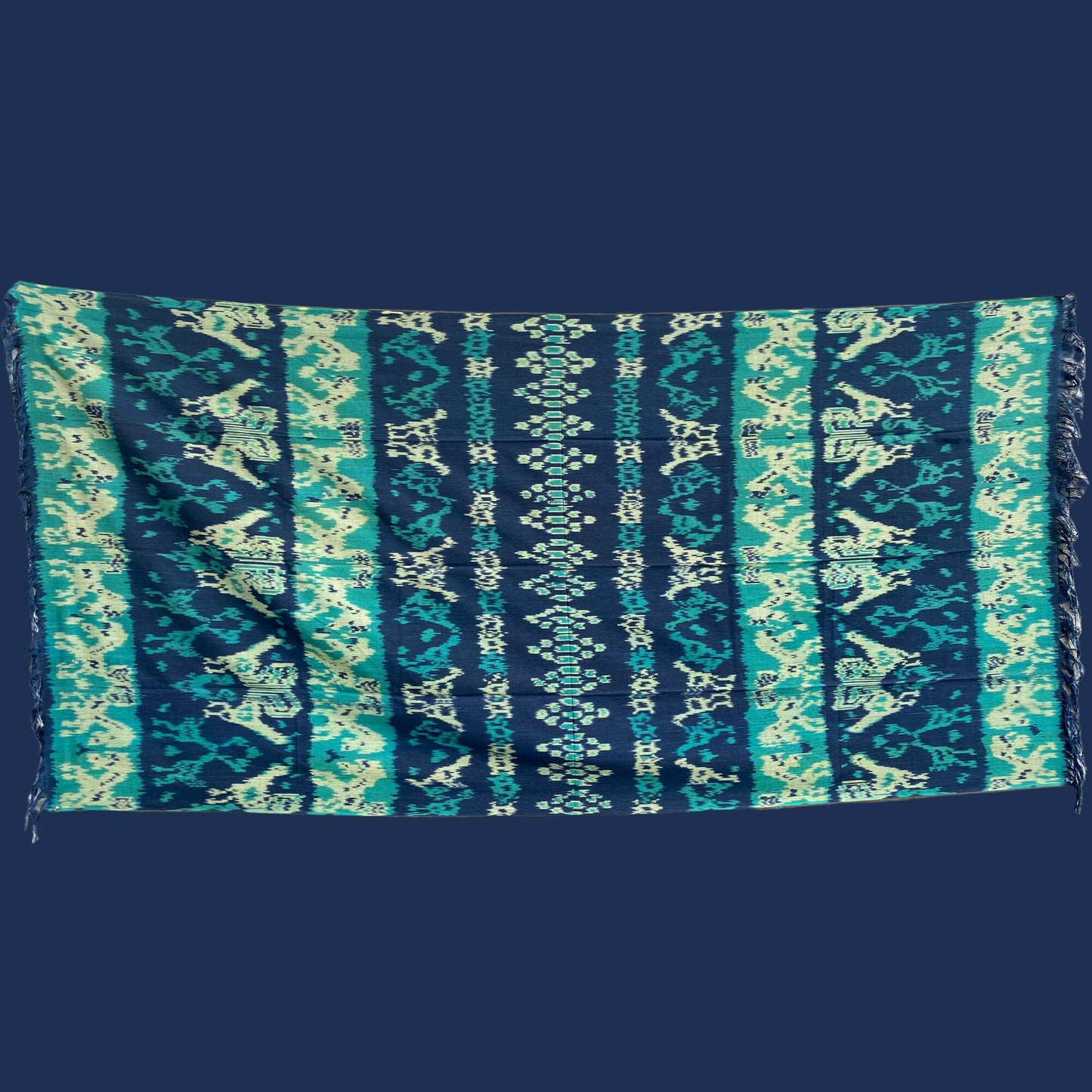 Handwoven Indonesian Ikat Cotton Cloth Blanket: Hand Loomed Indigo Turquoise Ethnic Tapestry