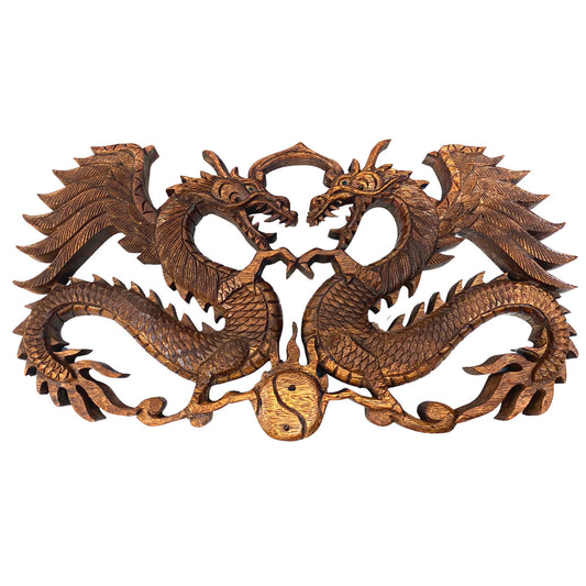 Balinese winged Dragon Panel hand carved Relief Bali wall folk art Asian Decor  handmade wood carving 16&quot; gift for dad - Acadia World Traders