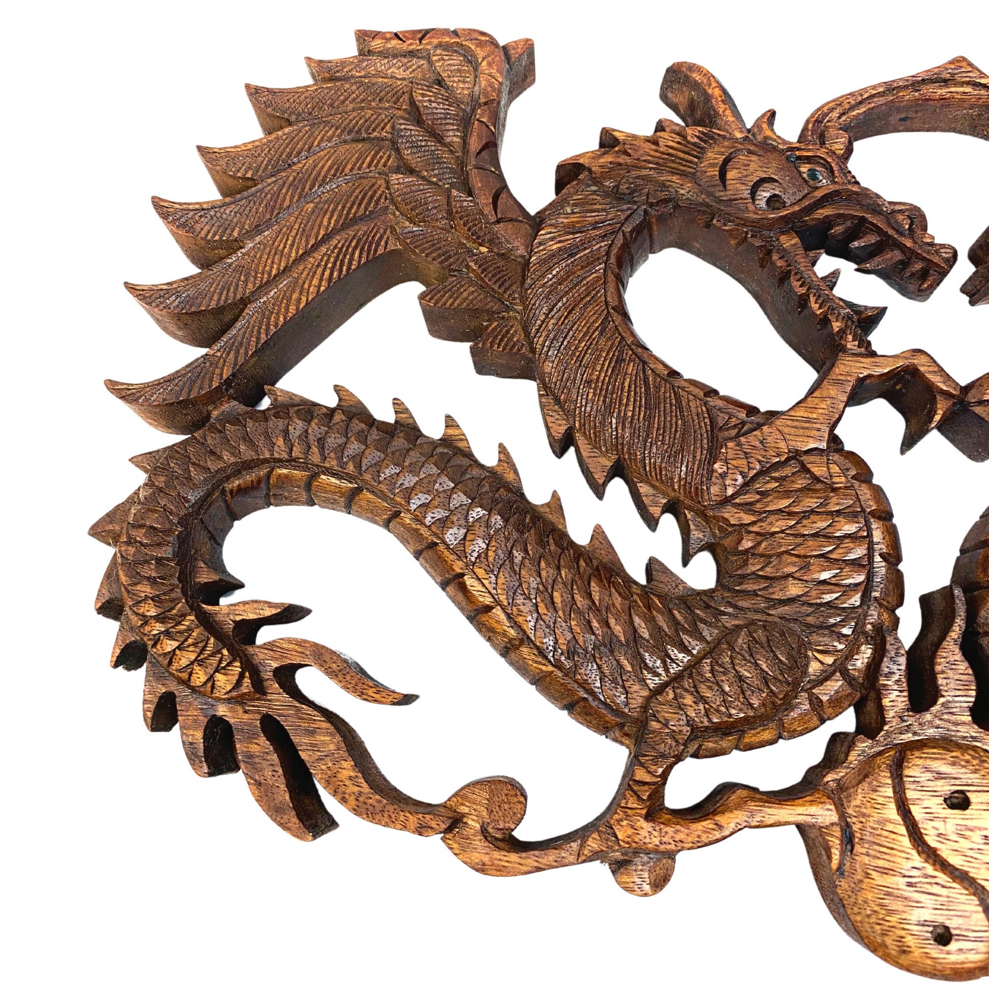 Balinese winged Dragon Panel hand carved Relief Bali wall folk art Asian Decor  handmade wood carving 16&quot; gift for dad - Acadia World Traders