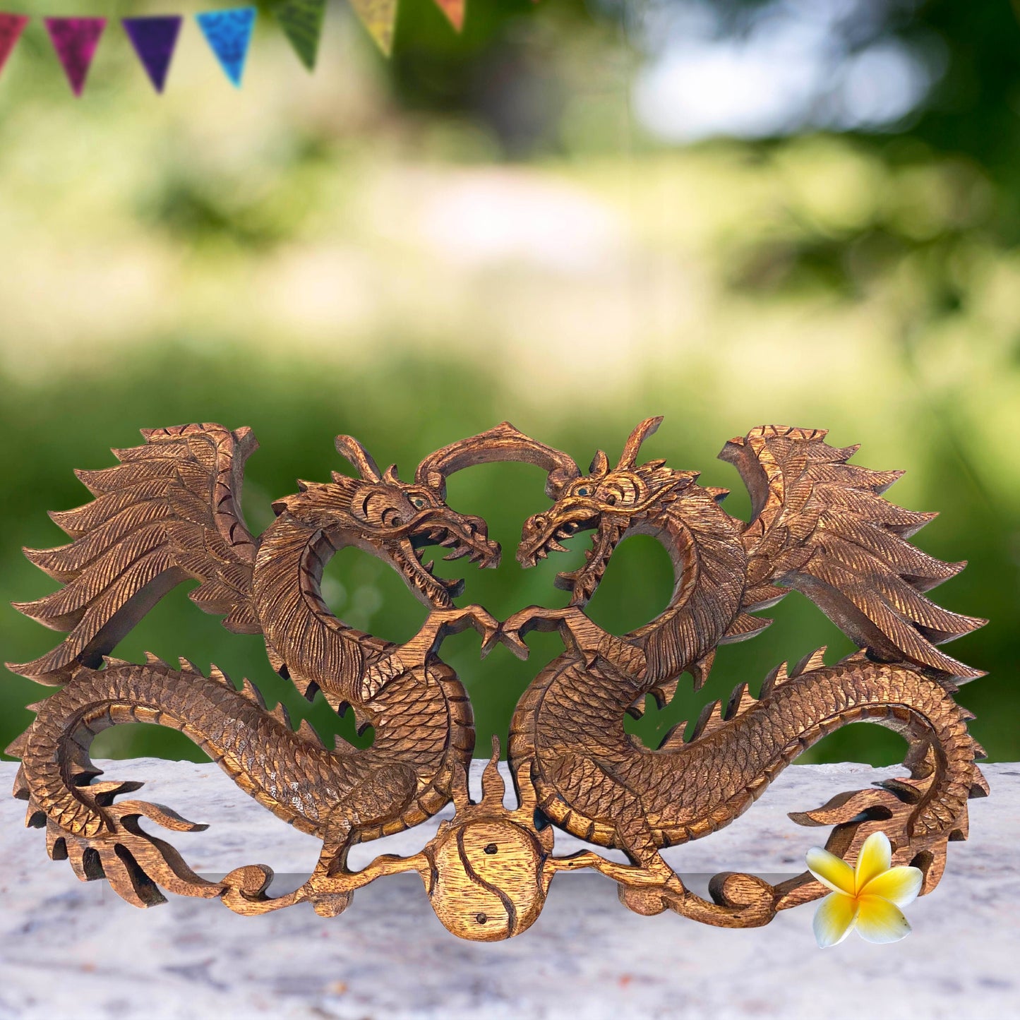 Balinese winged Dragon Panel hand carved Relief Bali wall folk art Asian Decor  handmade wood carving 16&quot; gift for dad - Acadia World Traders