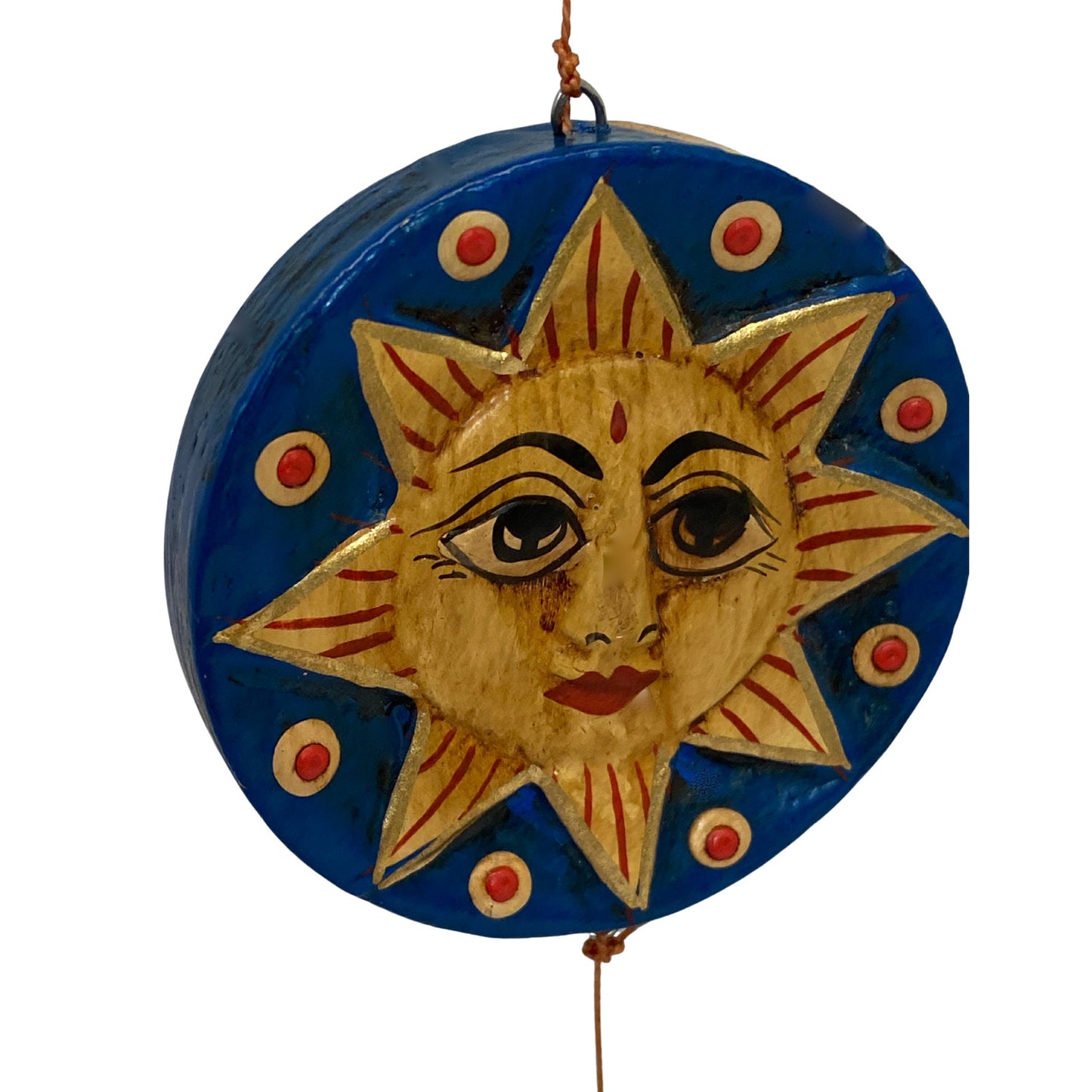 Lady in the Moon Hanging Mobile Moon Stars Sun Hand Carved Painted Wood Carving Celestial Bali Folk Art Dewi Ratih Moon Goddess Blue