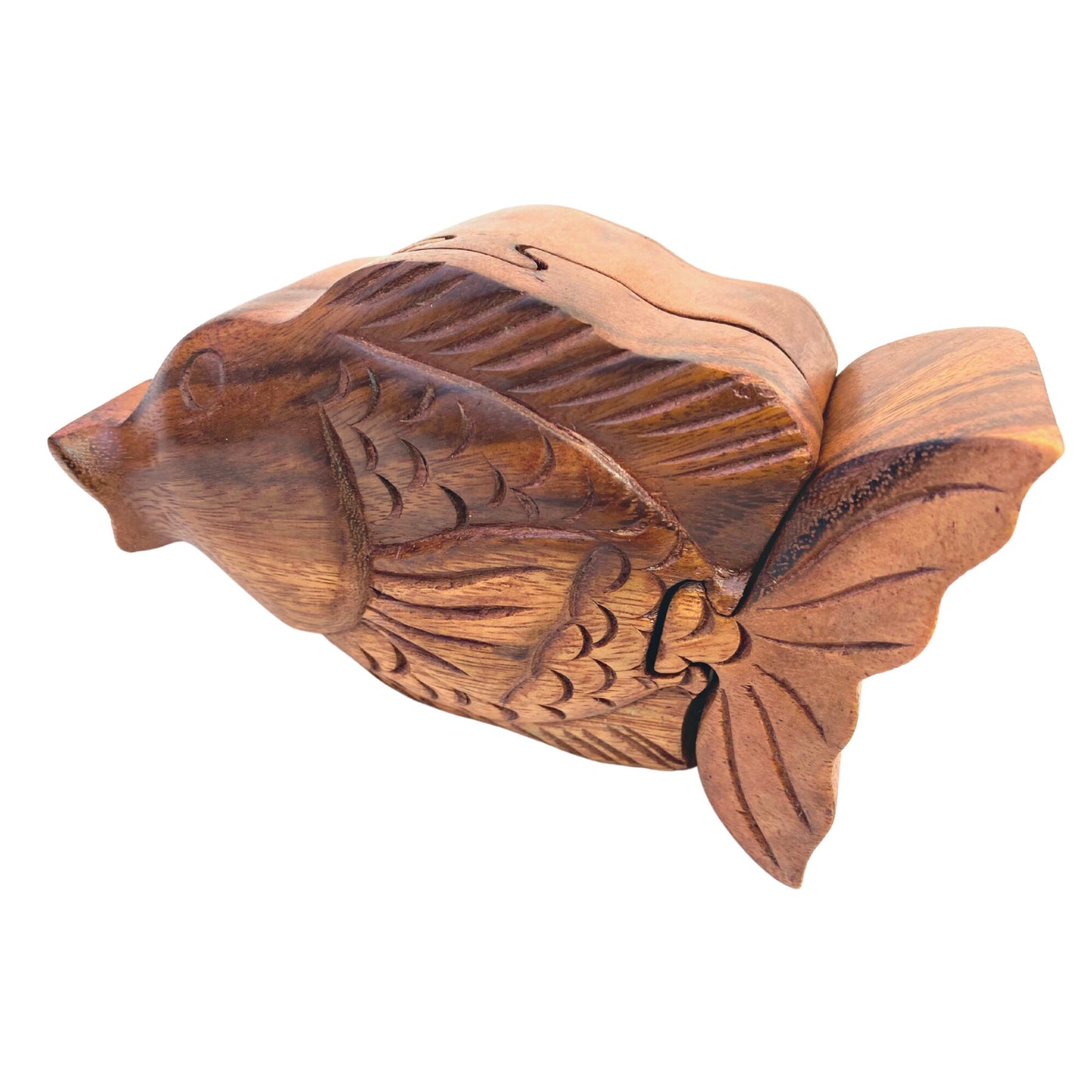 Gold Fish aquatic life Secret Puzzle stash Box Trinket Jewelry gift box Hand Carved Wood Carving handmade Gift Bali Art