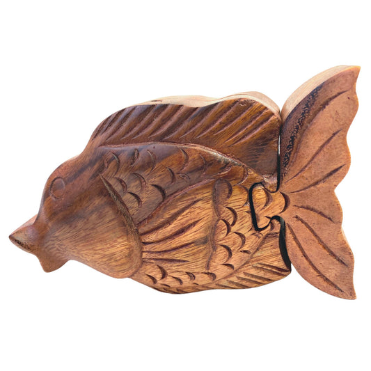 Gold Fish aquatic life Secret Puzzle stash Box Trinket Jewelry gift box Hand Carved Wood Carving handmade Gift Bali Art
