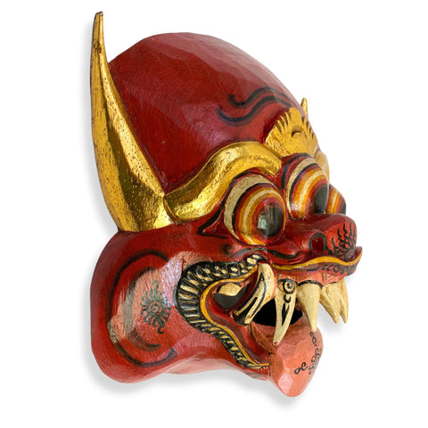 Balinese Demon Mask Horned Mata Tulu Mask Three Eyed Monster Bali Folk Art Hand Carved Wood Carving Red