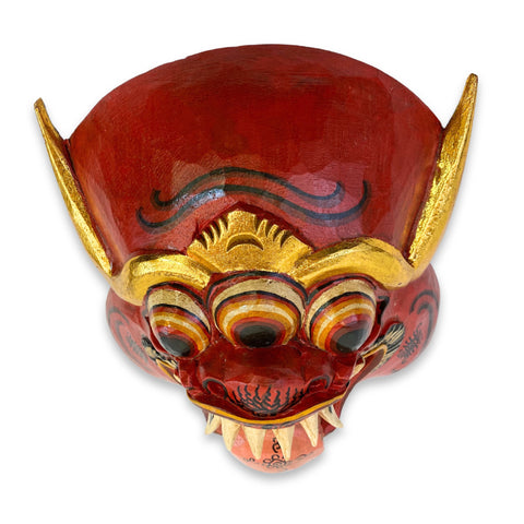 Balinese Demon Mask Horned Mata Tulu Mask Three Eyed Monster Bali Folk Art Hand Carved Wood Carving Red