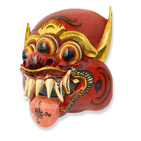 Balinese Demon Mask Horned Mata Tulu Mask Three Eyed Monster Bali Folk Art Hand Carved Wood Carving Red