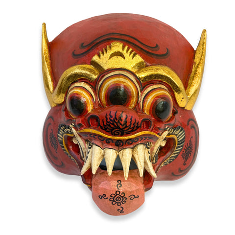 Balinese Demon Mask Horned Mata Tulu Mask Three Eyed Monster Bali Folk Art Hand Carved Wood Carving Red