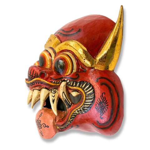 Balinese Demon Mask Horned Mata Tulu Mask Three Eyed Monster Bali Folk Art Hand Carved Wood Carving Red