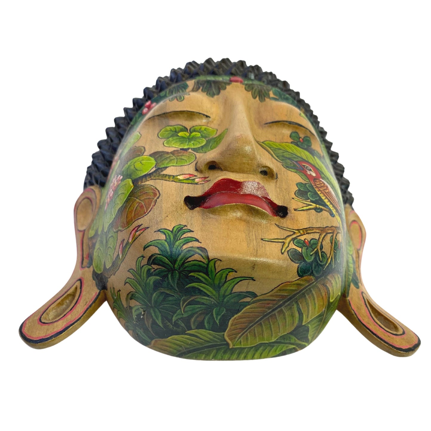 Forest Tattoo Buddha Mask Wall art Sculpture Balinese miniature style painting keliki Ubud village art art hand painted wood carving