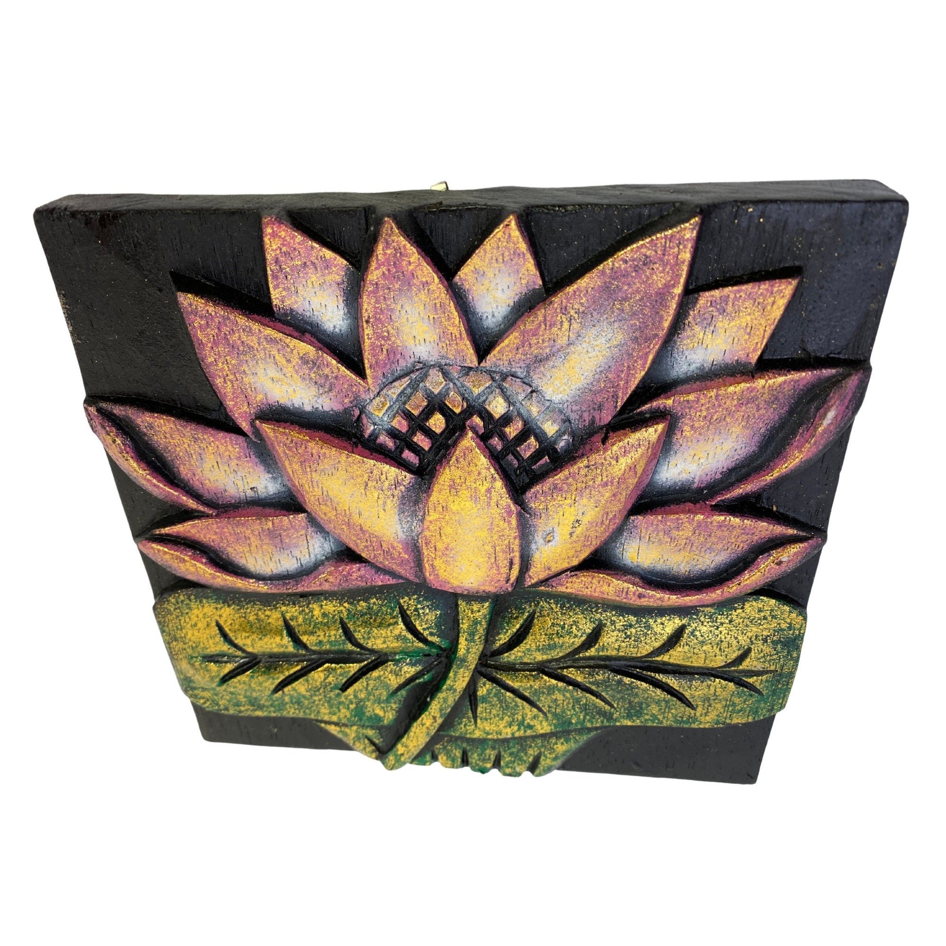 Balinese Lotus Padma Panel Hand Carved Relief Wood Carving Bali wall Art Boho Home Decor - Acadia World Traders