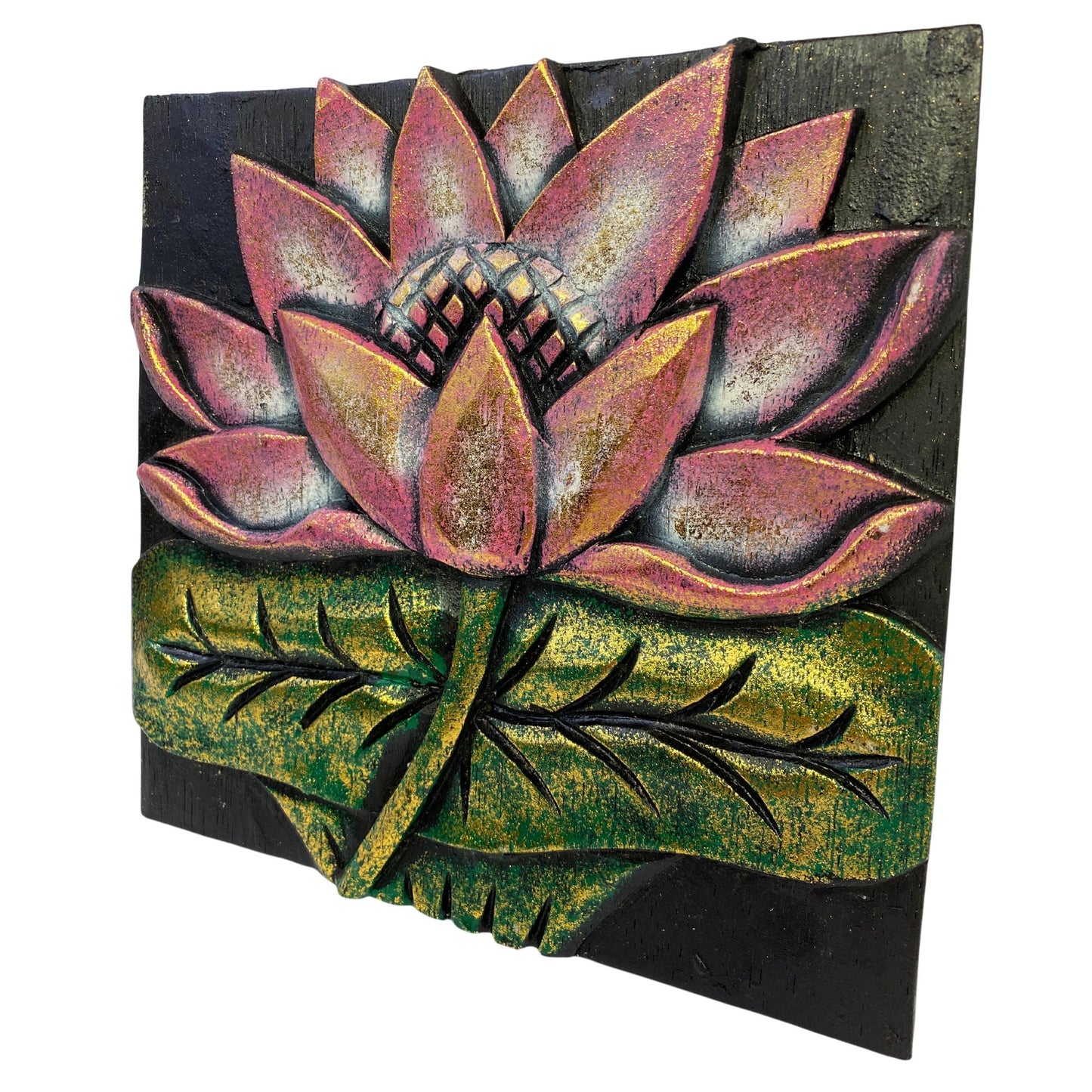 Balinese Lotus Padma Panel Hand Carved Relief Wood Carving Bali wall Art Boho Home Decor - Acadia World Traders