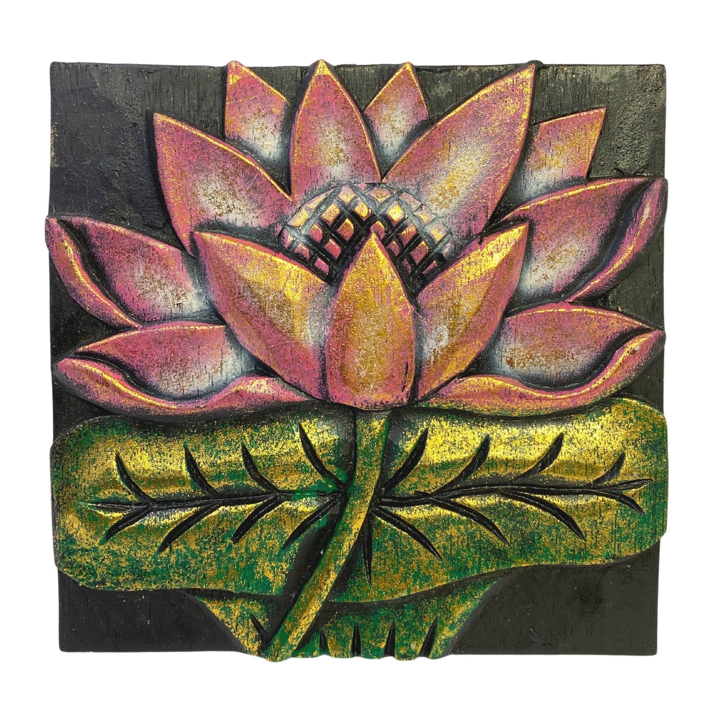 Balinese Lotus Padma Panel Hand Carved Relief Wood Carving Bali wall Art Boho Home Decor - Acadia World Traders