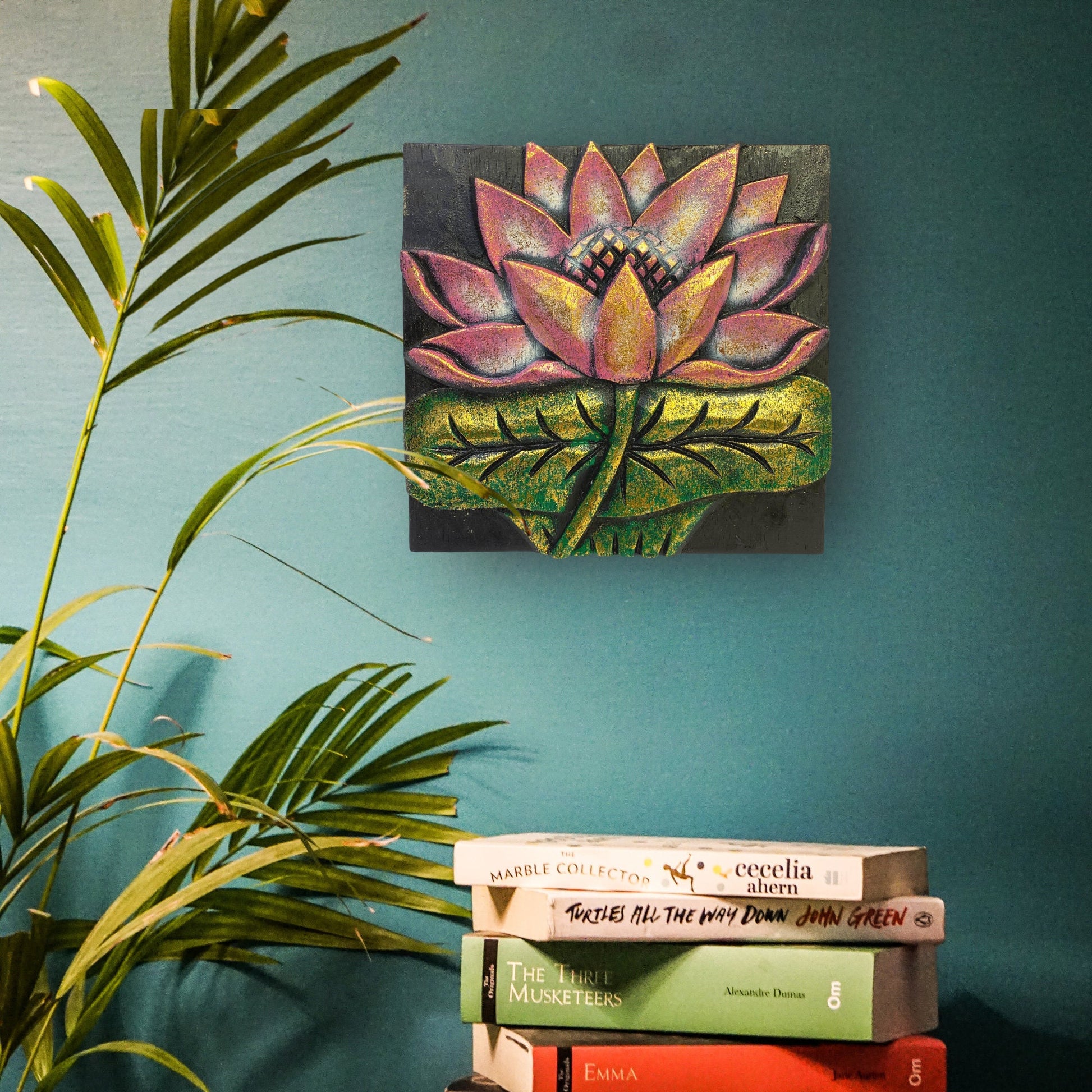 Balinese Lotus Padma Panel Hand Carved Relief Wood Carving Bali wall Art Boho Home Decor - Acadia World Traders