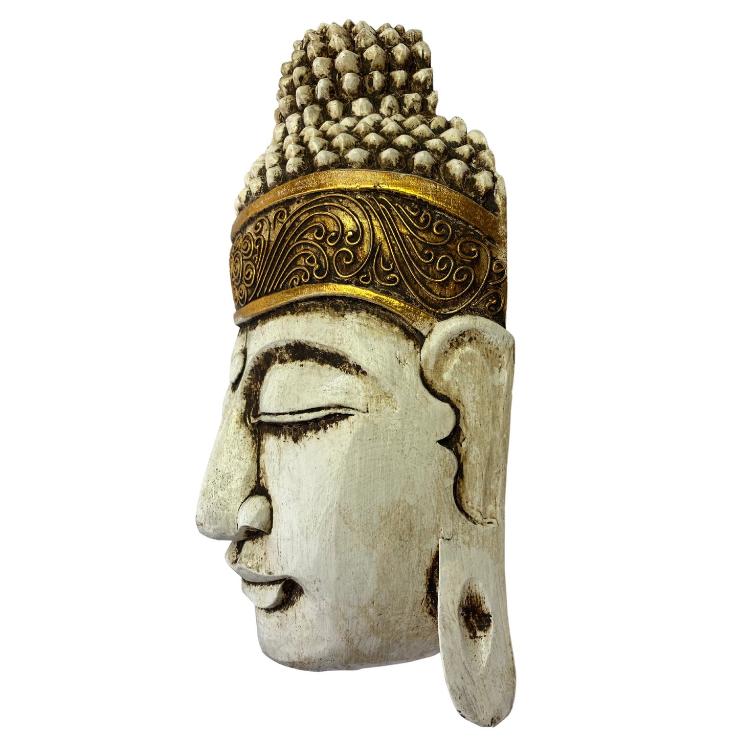 Buddha Wooden Mask Antique White Hand Carved Wood Carving Balinese  Folk Art Handmade Eclectic Boho Asian Decor