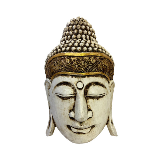 Hand Carved Buddha Wooden Mask: Antique White Balinese Folk Art Wood Carving
