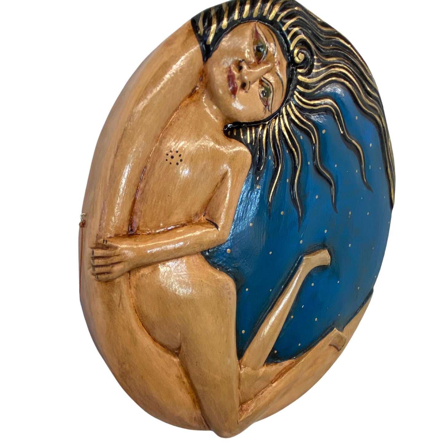 Lady in the Moon Hanging Mobile Moon Stars Sun Hand Carved Painted Wood Carving Celestial Bali Folk Art Dewi Ratih Moon Goddess Blue