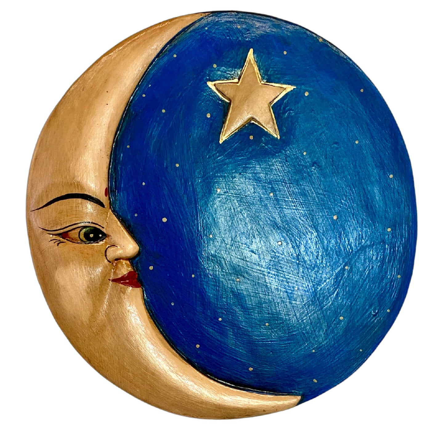 Lady in the Moon Hanging Mobile Moon Stars Sun Hand Carved Painted Wood Carving Celestial Bali Folk Art Dewi Ratih Moon Goddess Blue