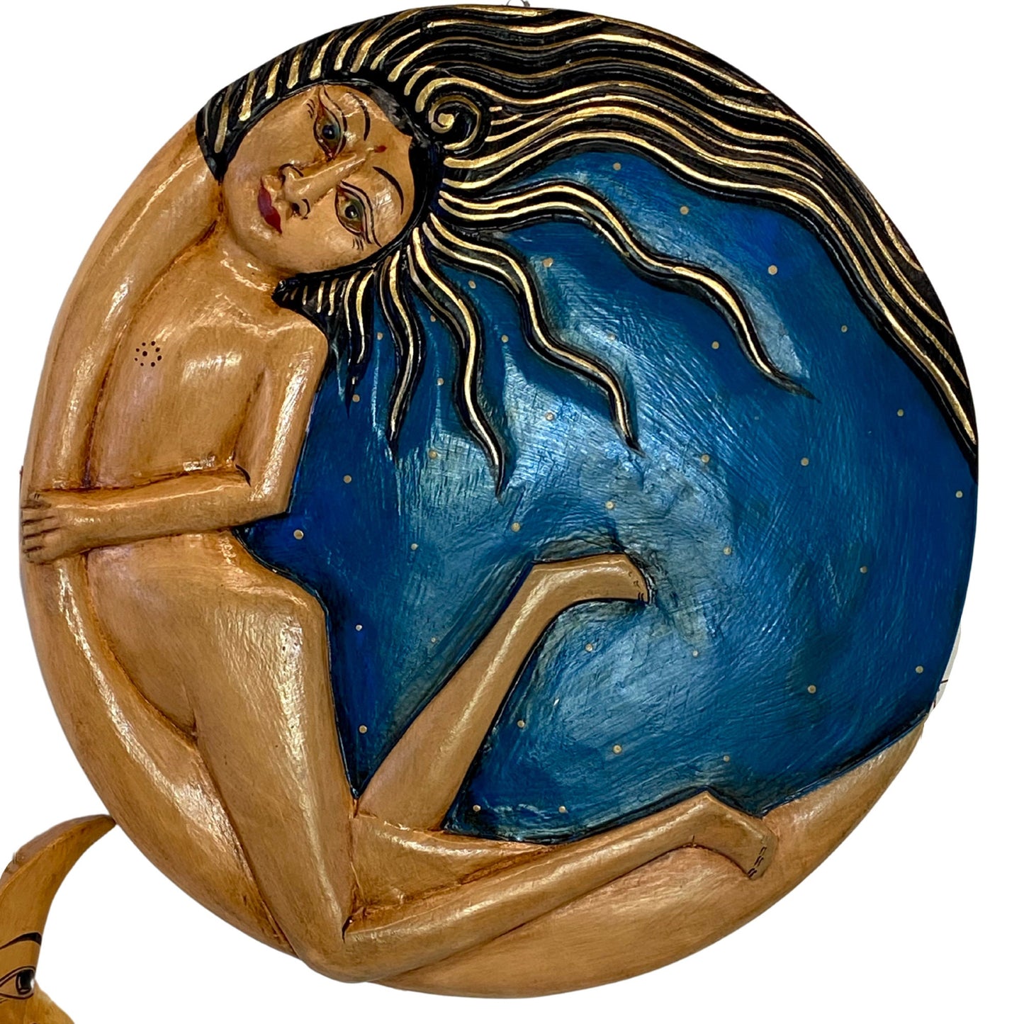 Lady in the Moon Hanging Mobile Moon Stars Sun Hand Carved Painted Wood Carving Celestial Bali Folk Art Dewi Ratih Moon Goddess Blue