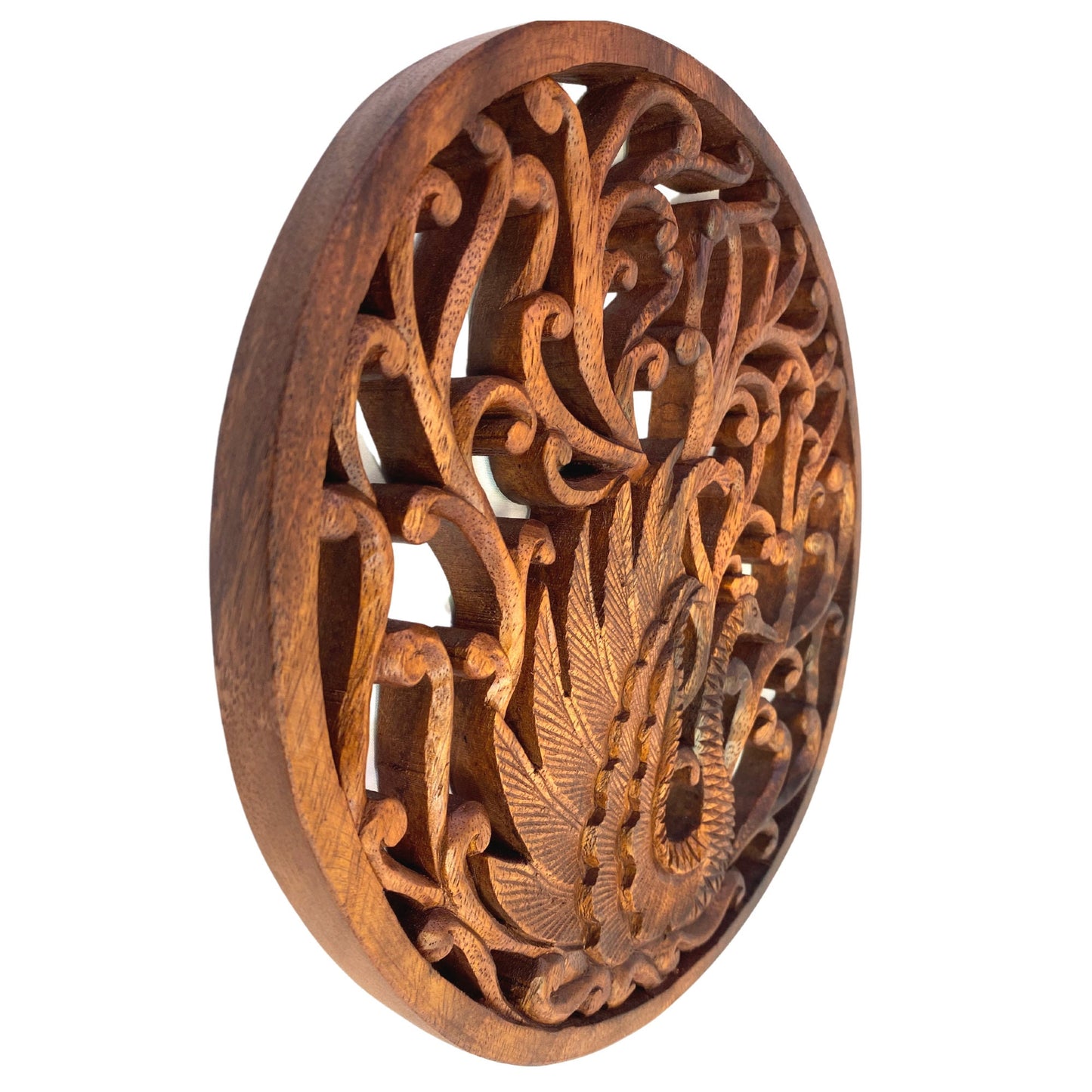 Balinese Peacock Architectural Panel Wall Relief Art Round Plaque Hand Carved Wood Carving Asian Style Decor Bali Folk Art