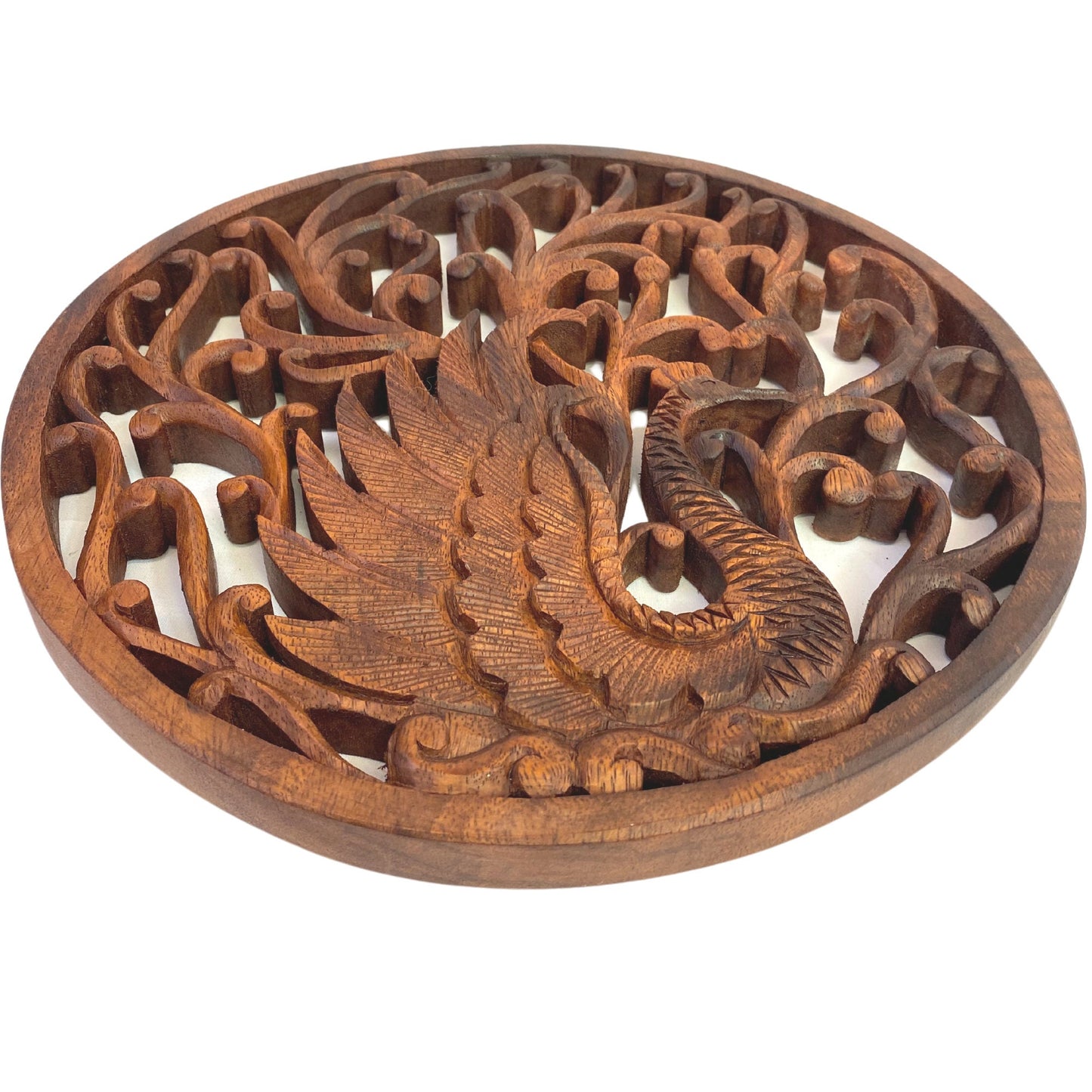 Balinese Peacock Architectural Panel Wall Relief Art Round Plaque Hand Carved Wood Carving Asian Style Decor Bali Folk Art