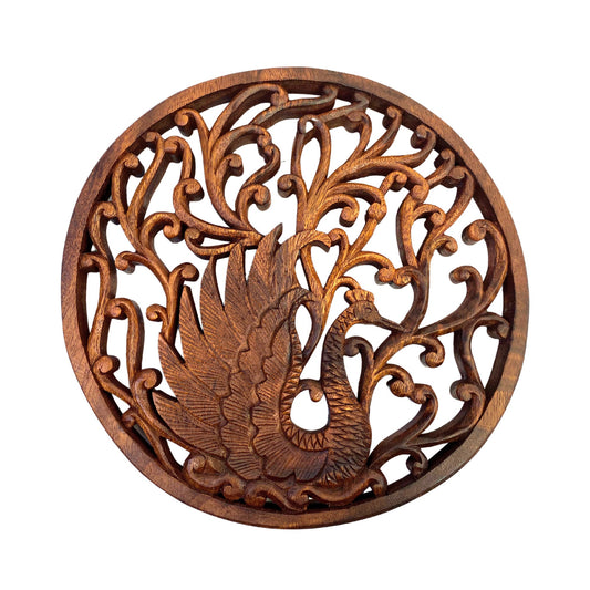Balinese Peacock Architectural Panel Wall Relief Art Round Plaque Hand Carved Wood Carving Asian Style Decor Bali Folk Art