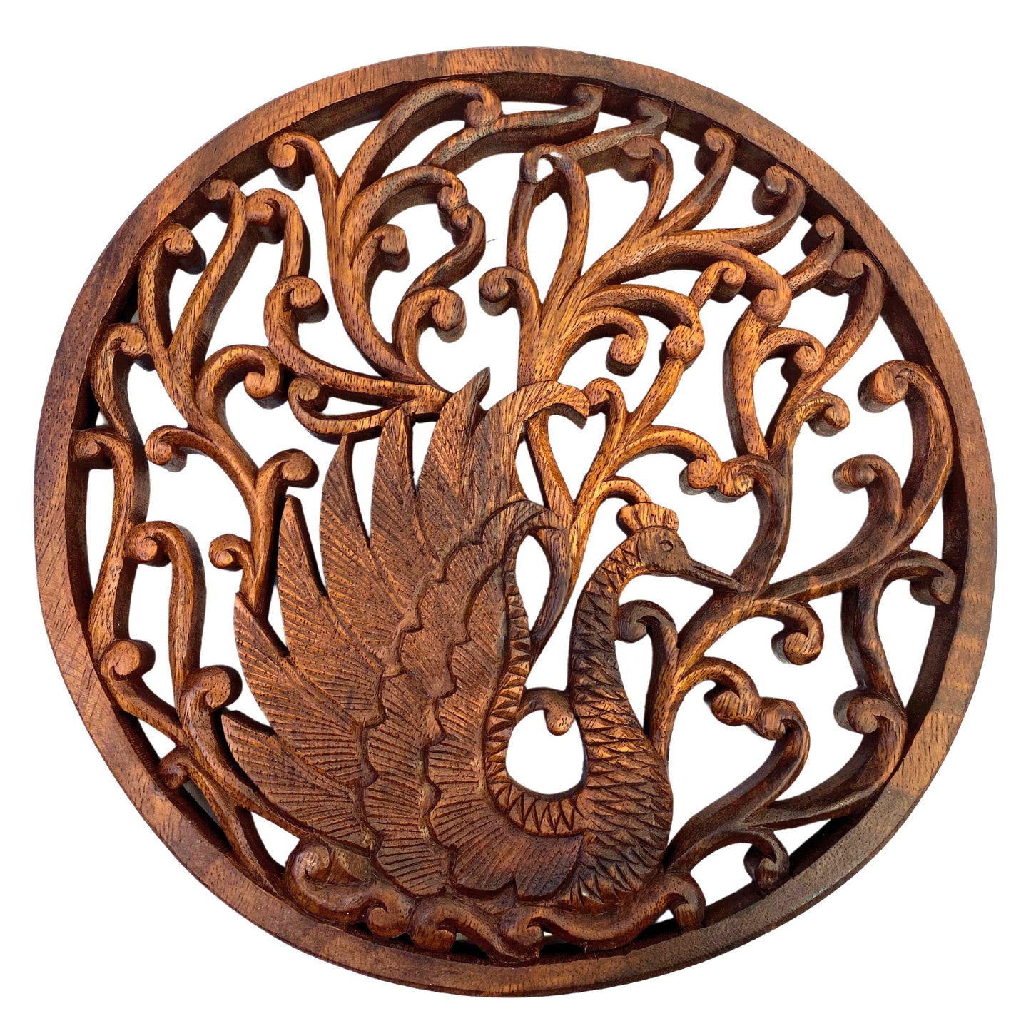 Balinese Peacock Architectural Panel Wall Relief Art Round Plaque Hand Carved Wood Carving Asian Style Decor Bali Folk Art