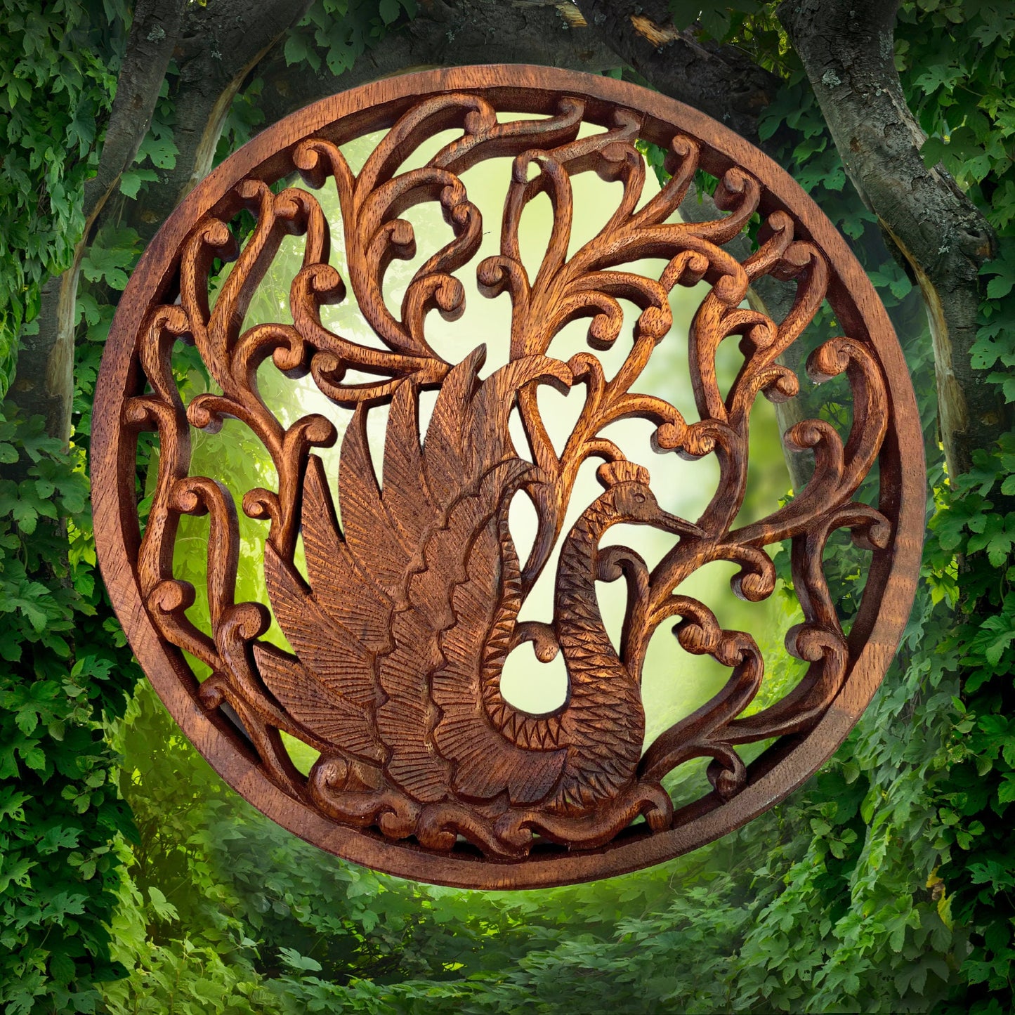 Balinese Peacock Architectural Panel Wall Relief Art Round Plaque Hand Carved Wood Carving Asian Style Decor Bali Folk Art