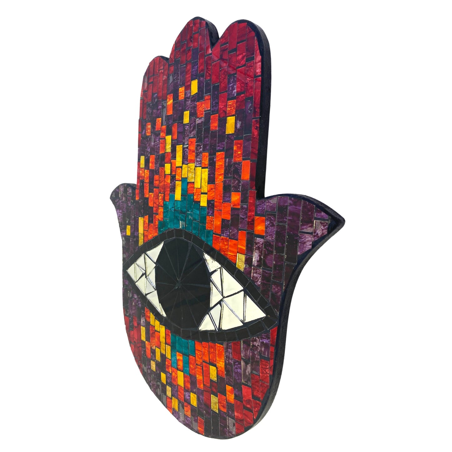 Hamsa Hand of Fatima Evil Eye Mosaic Wall Art Plaque Panel Hand Painted Glass Bali Handicraft Boho Decor