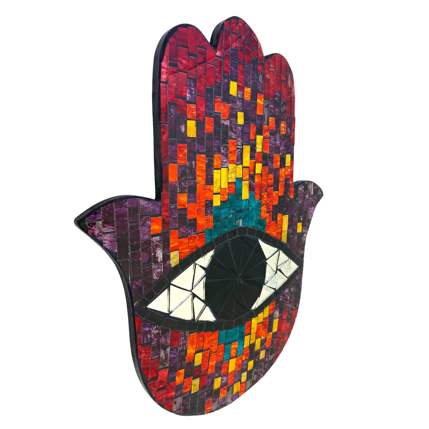 Hamsa Hand of Fatima Evil Eye Mosaic Wall Art Plaque Panel Hand Painted Glass Bali Handicraft Boho Decor