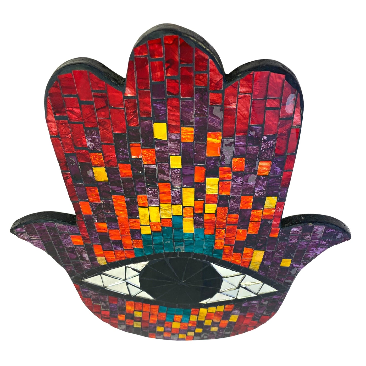 Hamsa Hand of Fatima Evil Eye Mosaic Wall Art Plaque Panel Hand Painted Glass Bali Handicraft Boho Decor