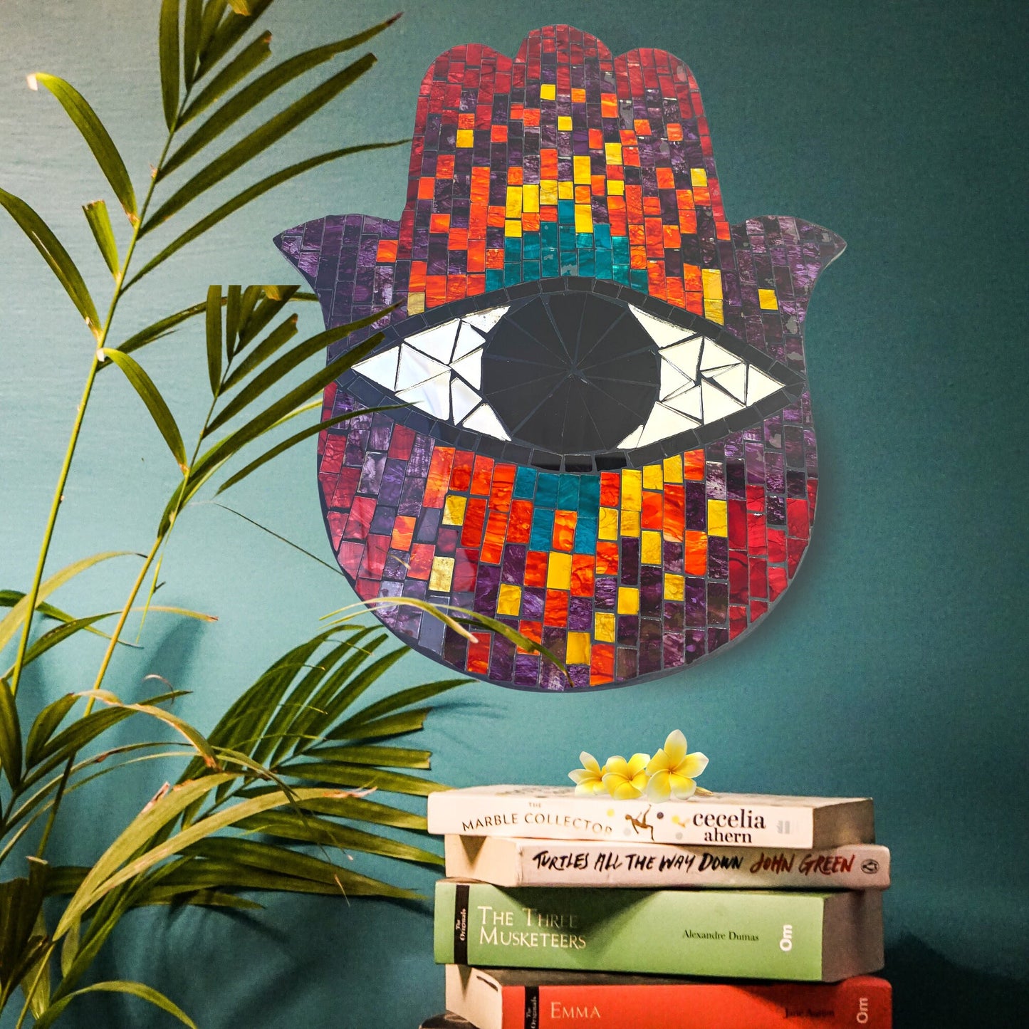 Hamsa Hand of Fatima Evil Eye Mosaic Wall Art Plaque Panel Hand Painted Glass Bali Handicraft Boho Decor